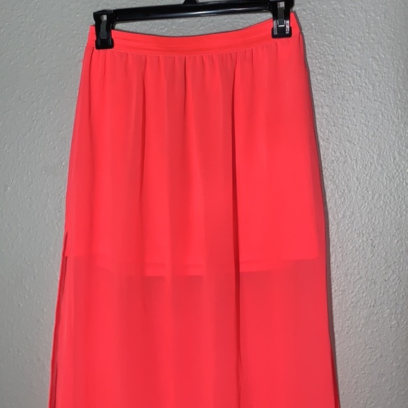 H&M Divided neon coral chiffon lined Maxi Skirt Sz 6/S semi-sheer high slit - Picture 2 of 9